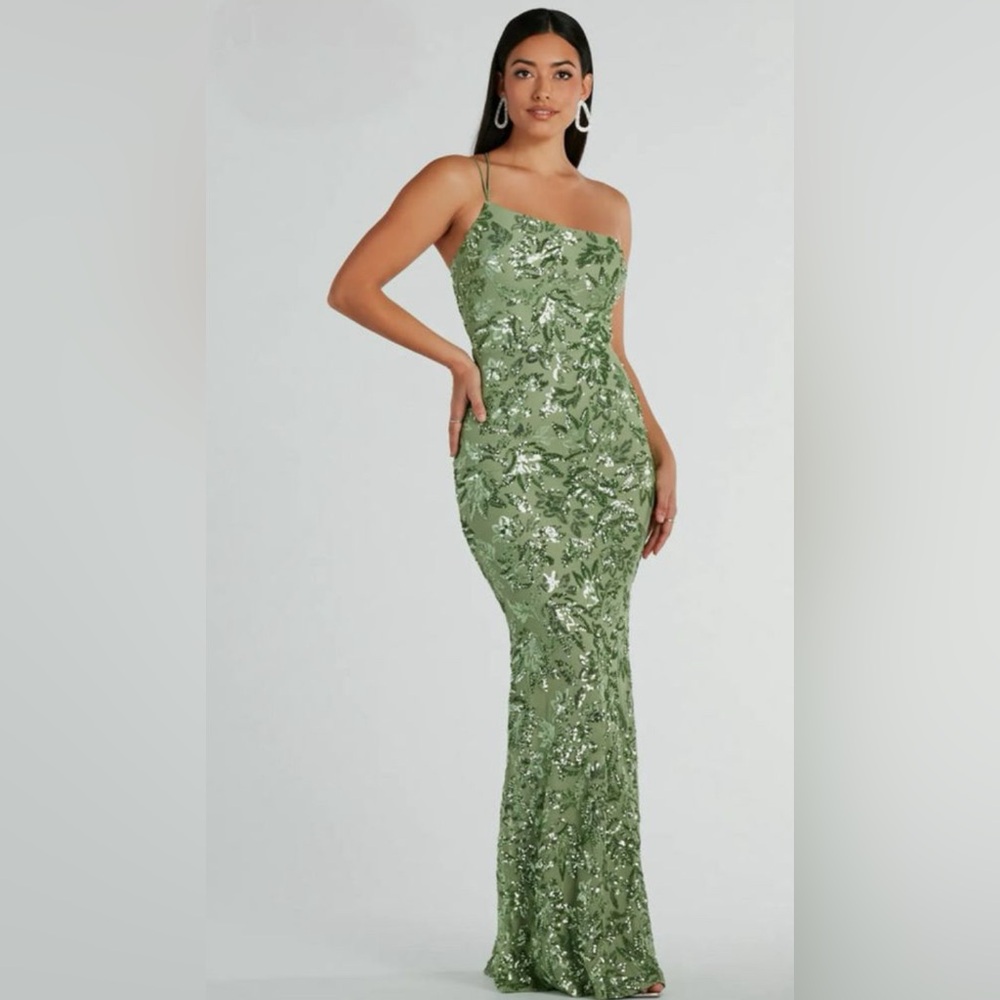 Sage One Shoulder Green Sequin Formal/Prom Maxi Dress